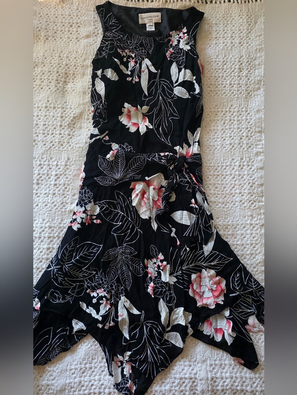 Y2k 2000s Evan-Picone Floral Asym Dress Black Ruffle Size 10
